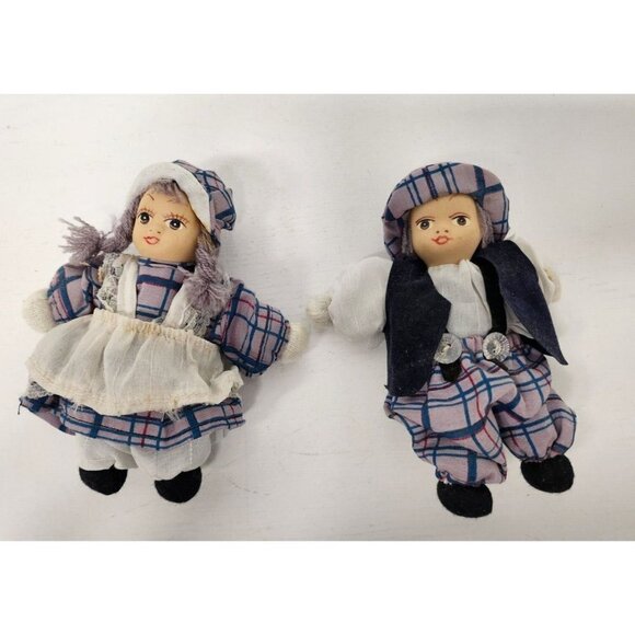 VTG Dutch Boy and Girl Children Miniature Dolls Old World Plaid Clothes Ceramic - Picture 1 of 7